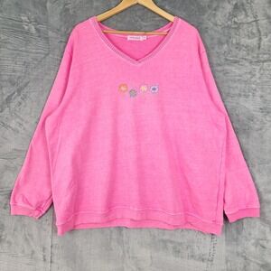 Fresh Produce Sweatshirt 2X Pink Fleece Floral Embroidered Grandma Pullover Top